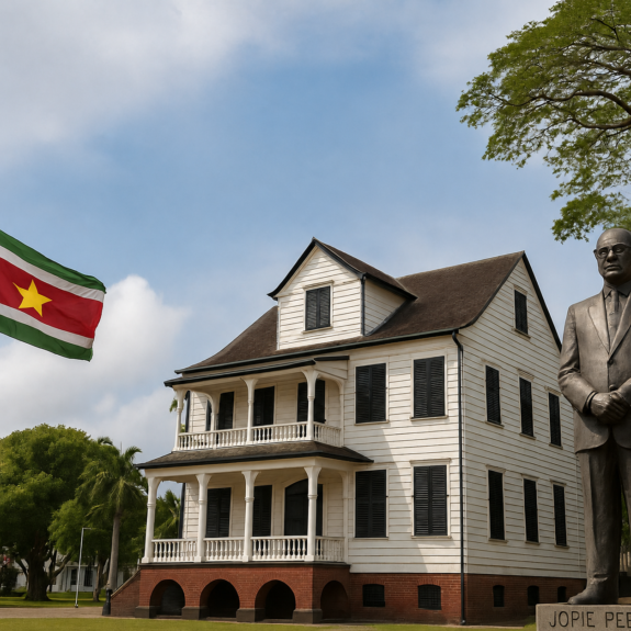 27d533fe-1743-484b-a04e-f2c569c75c5c Historisch gebouw in Paramaribo met de Surinaamse vlag en standbeeld, symbool voor de rijke cultuur en geschiedenis van Suriname.