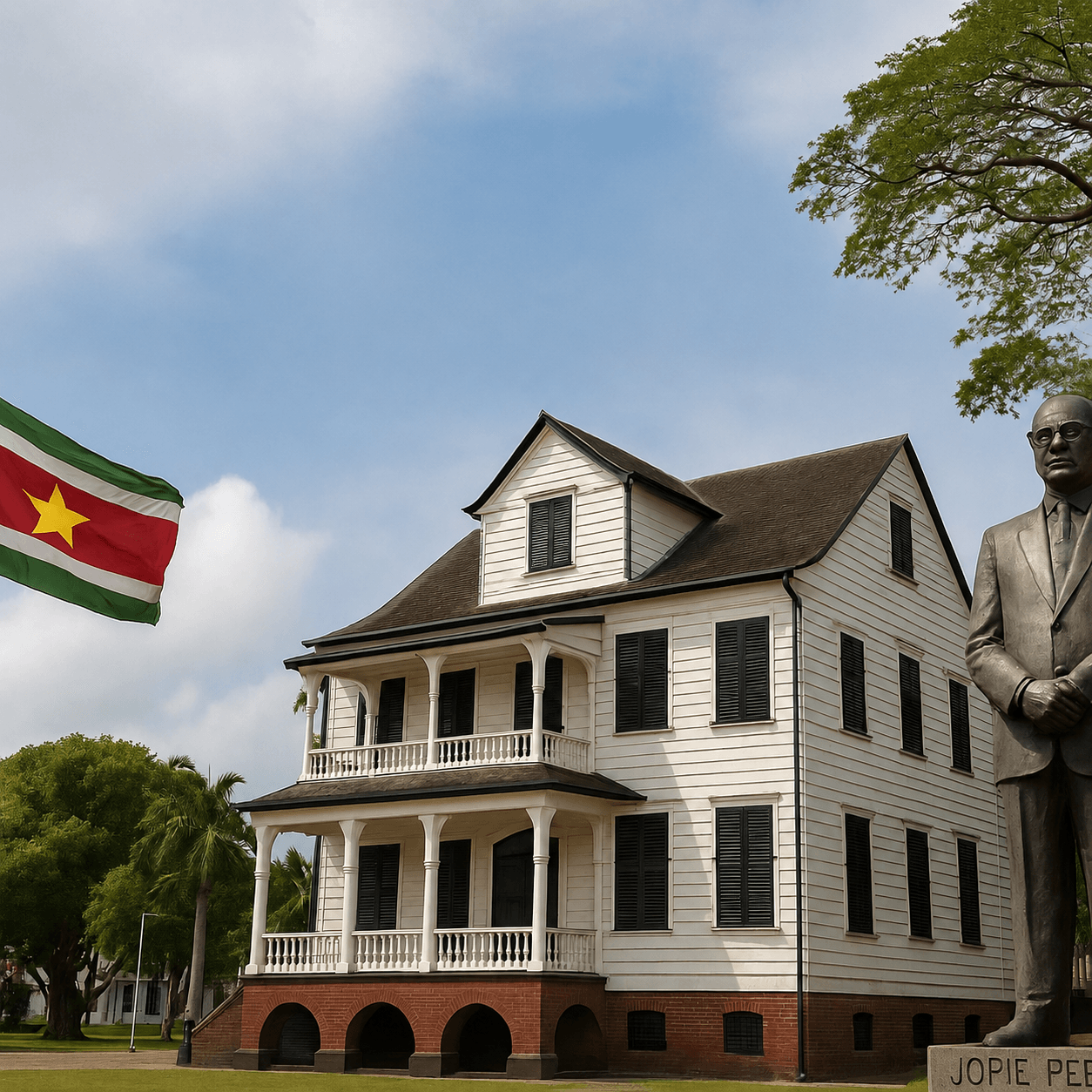 Historisch gebouw in Paramaribo met de Surinaamse vlag en standbeeld, symbool voor de rijke cultuur en geschiedenis van Suriname.