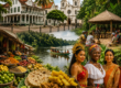 Collage van de cultuur en geschiedenis van Suriname met Paramaribo, traditionele dorpen, een rivier, lokale gerechten en culturele diversiteit.