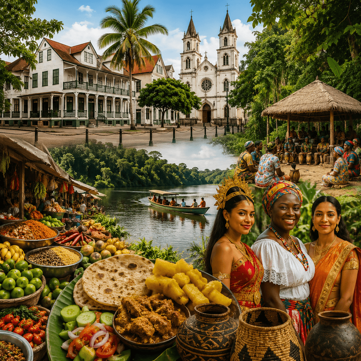 Collage van de cultuur en geschiedenis van Suriname met Paramaribo, traditionele dorpen, een rivier, lokale gerechten en culturele diversiteit.